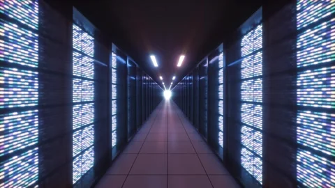 3D Data Center Loop: Big Data Cloud Corridor, Server Lights, 4K Animation Stock Footage 307439348