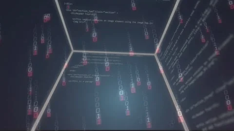 3D data chamber on code pulse, orbiting cam, seams glowing, binary tokens Stock-Footage 335739694