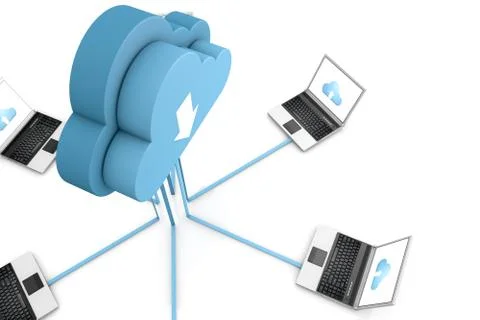 3d data cloud and laptops on white Stockillustratie