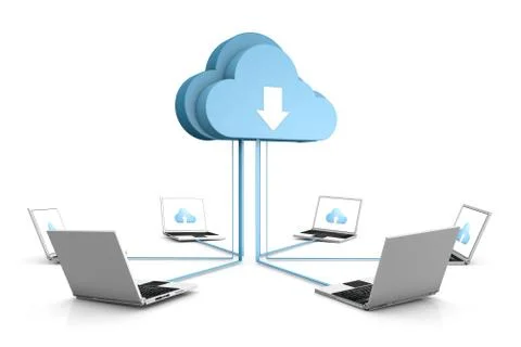 3d data cloud and laptops on white Stockillustratie