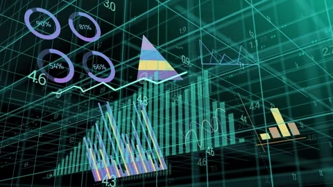 3D data cluster animating after camera pan, growing charts and drawing line to Stock Footage 335651893