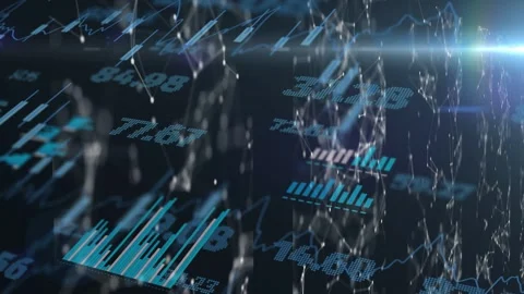 3D data field initiating on camera tilt, panning, shifting charts, pulsing Stock Footage 335739866