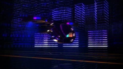 3D Data of Futuristic Drone Flying inside Blue Artificial City in Virtual World Stock Footage 204923140