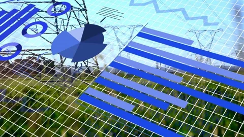 3D data graph animating over grass, grid starting tilt, charts turning, bars Stock Footage 334242473