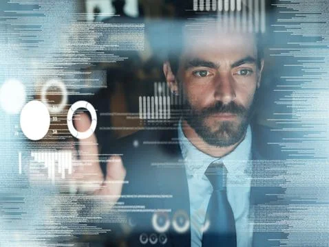 3d, data hologram and tech coding of a fintech businessman working on futuristic Stock Photos