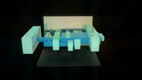 3D data information blocks on a laptop in 4K Stock Footage 312201661