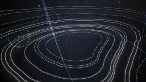 3D data interface animating, showing glowing contour lines, dashed paths and Stock Footage 329989685