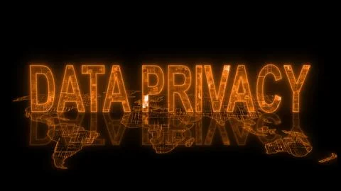 3d data privacy text technology earth map orange glow Stock Illustration