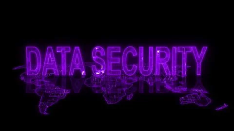 3d data security text technology earth map purple glowing Stock Illustration