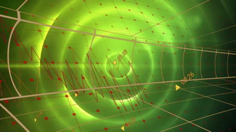 3D data tunnel being rendered in scene, with glowing green rings, beige grid, Stock Footage 308603007