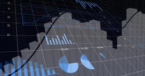 3D data visualization being animated on dark grid plane, showing bar charts and Stock Footage 309067732