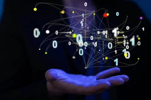 3d data visualization illustration hovering over a man's palm in blue light Stock Photos