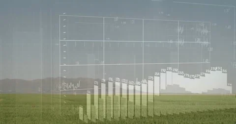 3D data visualization overlaying green crop field displaying bar charts and Stock Footage 326765358