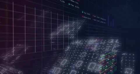 3D data viz emerging from darkness, forming market dashboard with dotted wave, Stock Footage 334182669