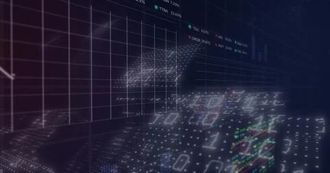 3D data viz emerging from darkness, forming market dashboard with dotted wave, Stock Illustration