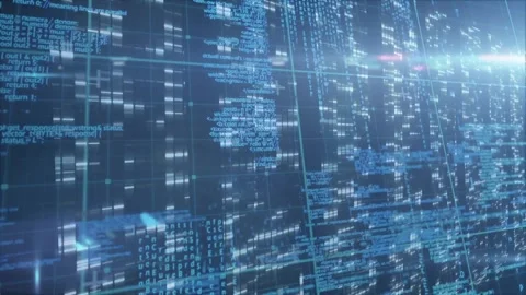 3D data wall panning rightward, revealing scrolling glyphs, sliding tiles, Stock Footage 329455175