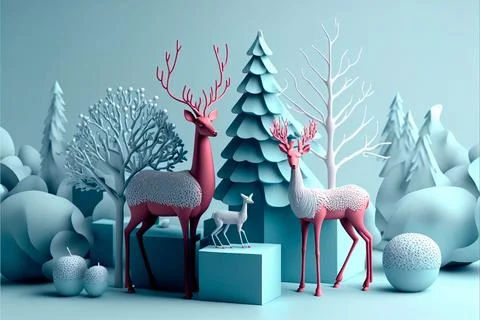 3d decorative design objects, big and small deer, gift boxes, snowy trees, .. Illustrazione stock