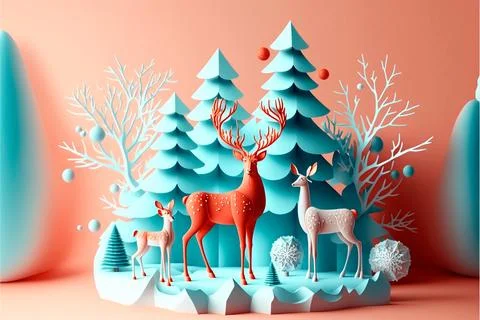 3d decorative design objects, big and small deer, gift boxes, snowy trees, .. Stock Illustration