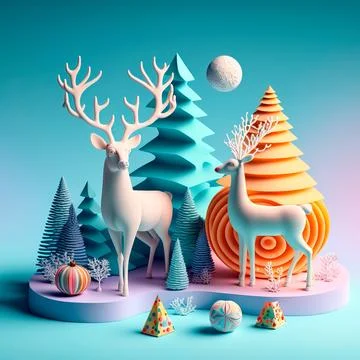 3d decorative design objects, big and small deer, gift boxes, snowy trees, .. Illustrazione stock