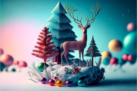3d decorative design objects, big and small deer, gift boxes, snowy trees, .. Illustrazione stock
