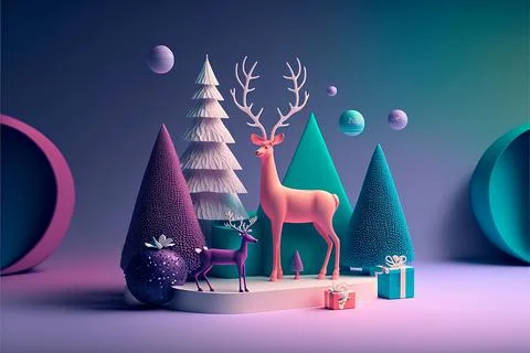 3d decorative design objects, big and small deer, gift boxes, snowy trees, .. Stockillustratie