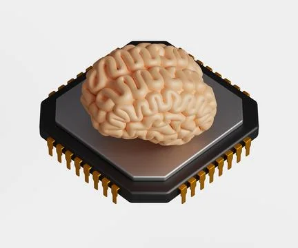 3D deep learning. Artificial Intelligence. Brain on microprocessor 3d icon Stock Illustration