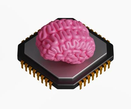 3D deep learning. Artificial Intelligence. Brain on microprocessor 3d icon Stock Illustration