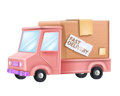 3D delivery car illustration, vector cargo service van, pink truck Stock Illustration