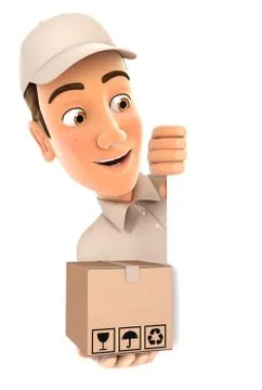 3d delivery man behind left wall and holding package Stock Illustration