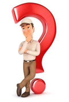 3d delivery man leaning back against question mark Stock Illustration