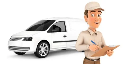3d delivery man with notepad in front of car Stock Illustration
