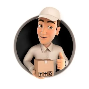 3d delivery man with package and thumb up inside circular hole Stock Illustration