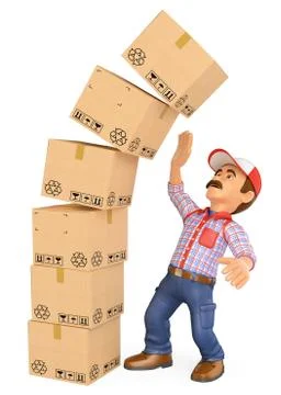 3D Delivery man with a pile of boxes falling on top. Work accidents Stock Illustration