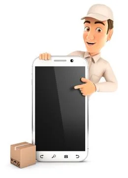 3d delivery man pointing to blank smartphone Illustrazione stock