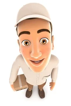 3d delivery man standing and looking up at camera Stock Illustration