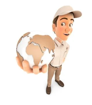 3d delivery man standing and holding cardboard earth Stock Illustration