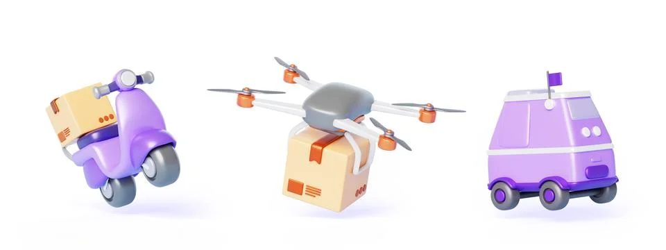 3d delivery service set with robot courier deliver food, drone carry parcel box 스톡 일러스트