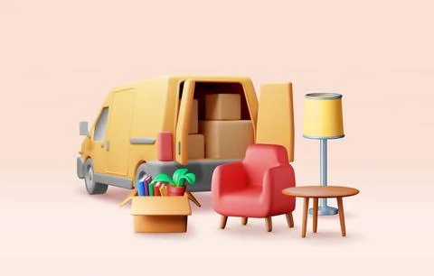 3D delivery van with open door and home stuff Stock Illustration