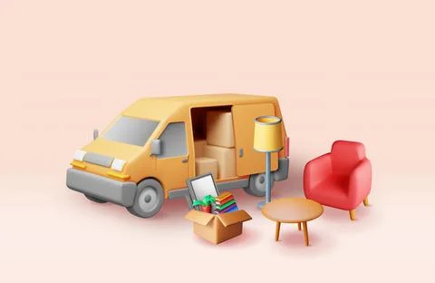 3D delivery van with open door and home stuff Stock Illustration