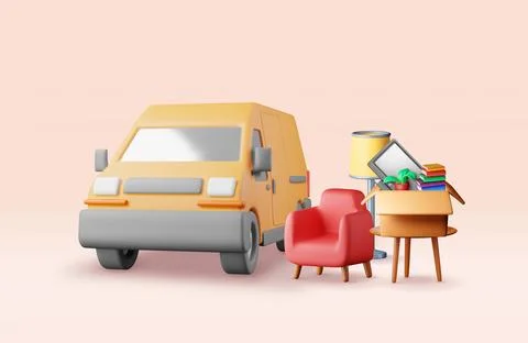 3D delivery van with open door and home stuff Stock Illustration