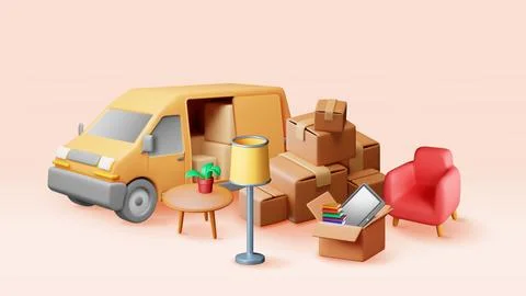 3D delivery van with open door and home stuff Stock Illustration