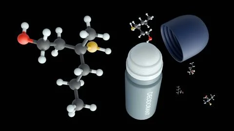 3D Deodorant surrounded by Floating Volatile Organic Odor Molecules or Viol Stock Illustration