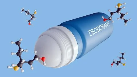 3D Deodorant surrounded by Floating Volatile Organic Odor Molecules or Viol Stock Illustration