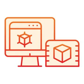 3d design on computer flat icon. Pc monitor with 3d project orange icons in Illustrazione stock