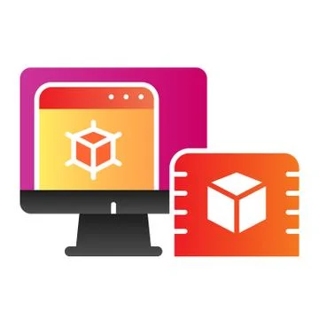 3d design on computer flat icon. Pc monitor with 3d project color icons in Illustrazione stock