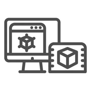 3d design on computer line icon. Pc monitor with 3d project vector illustration Stock Illustration