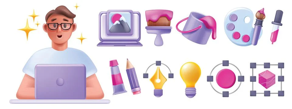 3D design icon set, vector freelancer male character with laptop Illustrazione stock