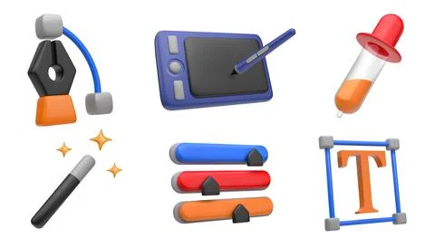 3D design icons. Graphic tools render like color brush, creative pencil or .. Illustrazione stock