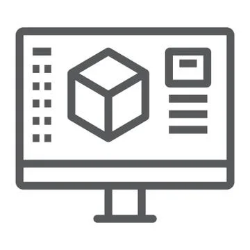 3d design line icon, model and computer, 3d modeling sign, vector graphics, a Stock Illustration
