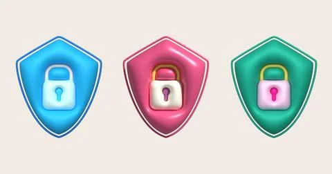 3D design of padlocks and protective shields. Data lock secure encryption p.. Illustrazione stock